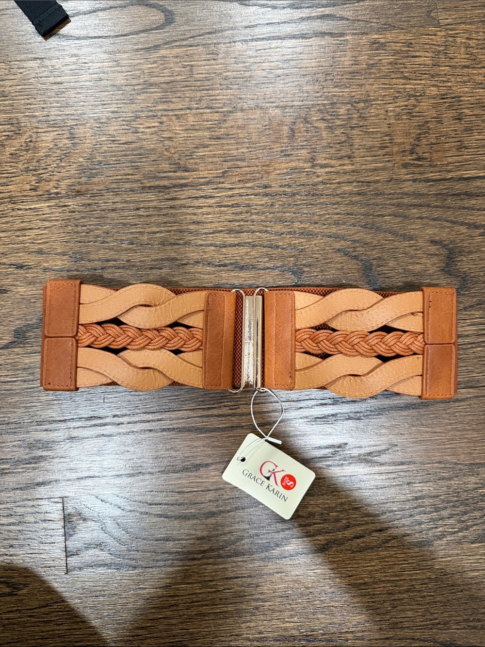 Grace Karin Braided Tan Elastic Waist Belt with Metal Clasp